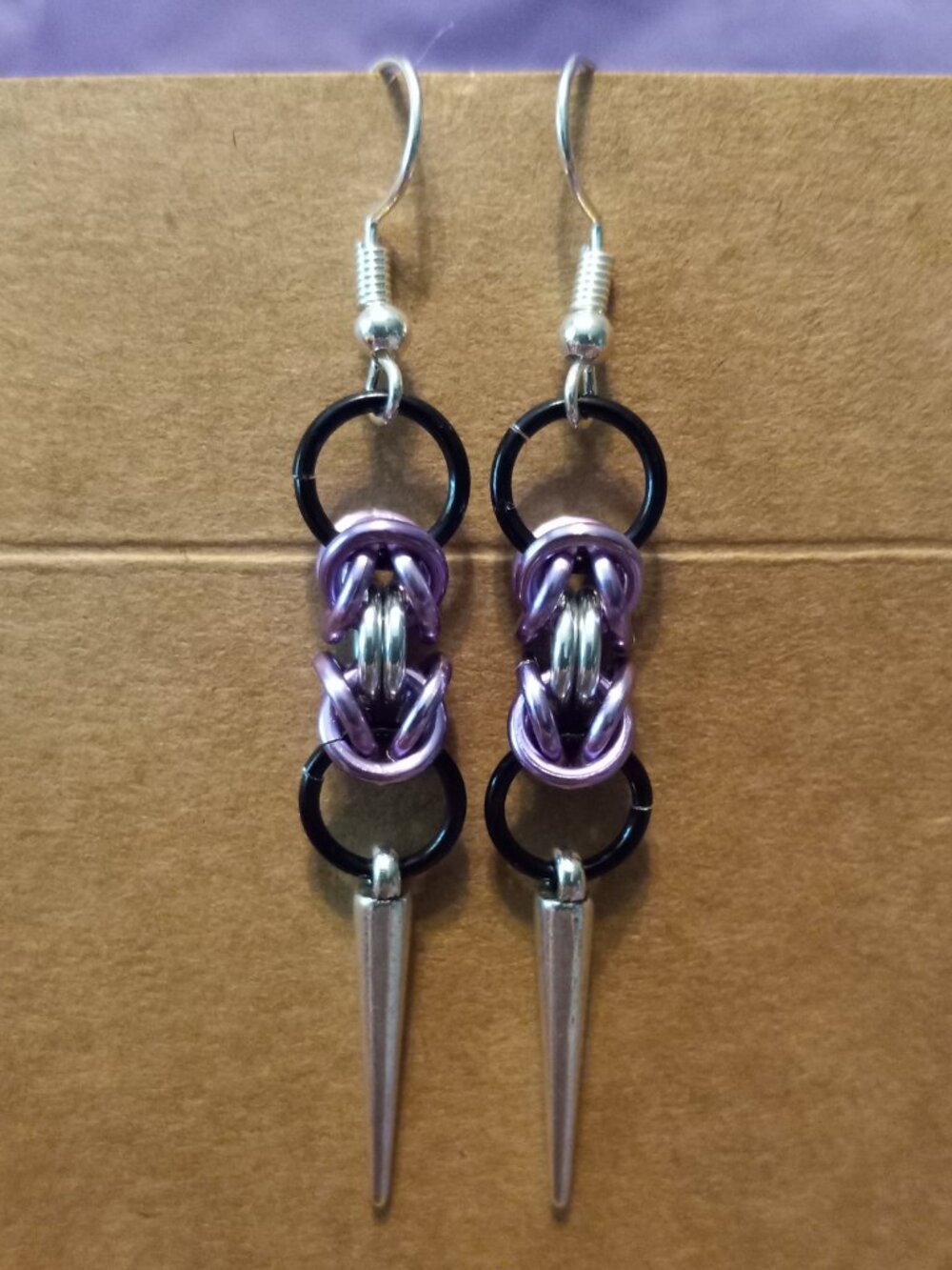 Black & Lavendar Spiked Chain Mail Earrings